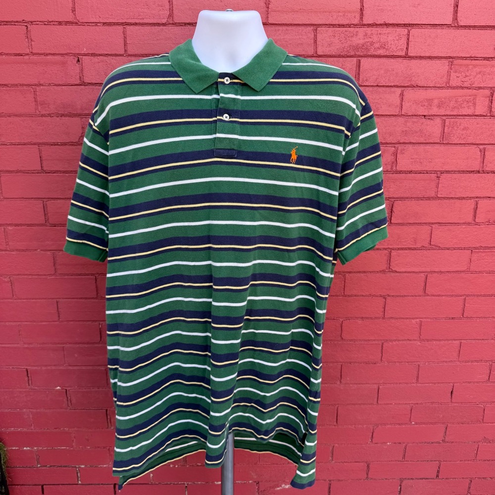 Vtg Polo Ralph Lauren Striped Polo Mens XXL Green Navy Striped‎ Cotton Preppy